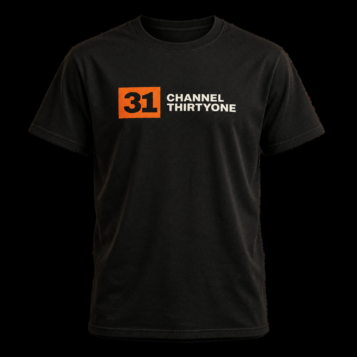 Black Channel Thirtyone T-shirt with orange 31 and bone white station wordmark