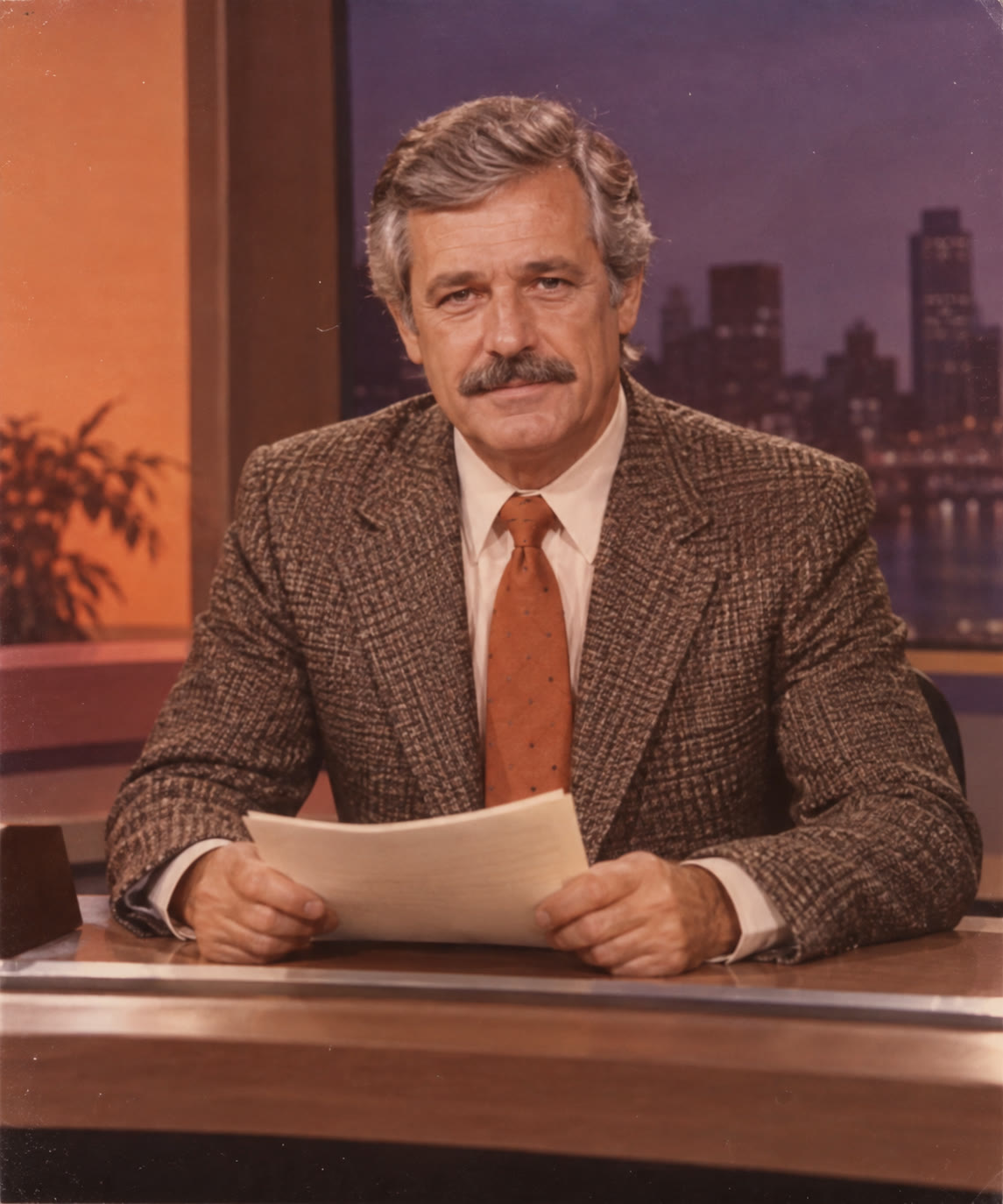 Walter Vale, a gray-haired local news anchor in a tweed suit